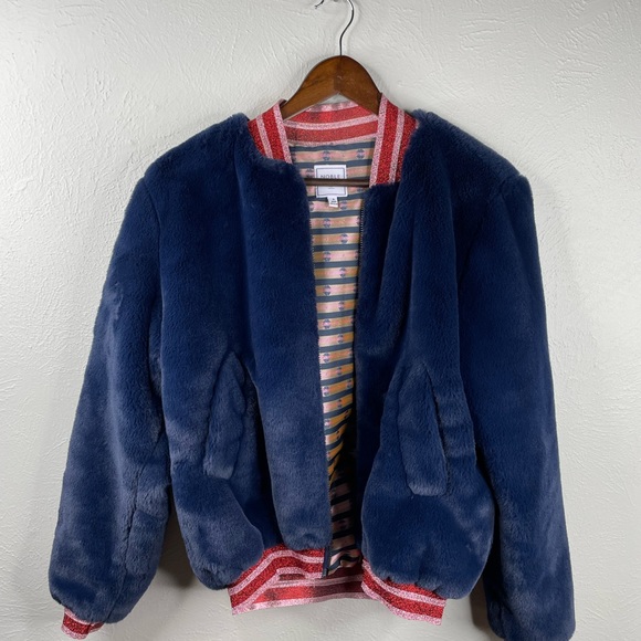 Noble 31 Faux Fur Navy Blue Bomber Sparkle Trim Pink Res Jacket Eras Outfit XS - Picture 7 of 9